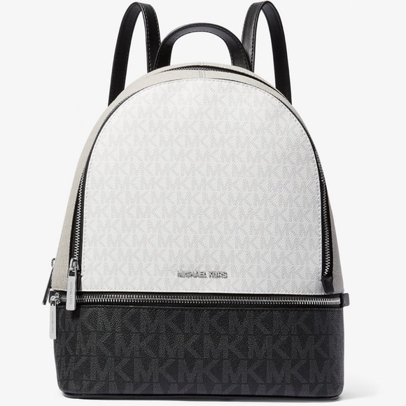 Michael Kors Rhea Medium Color-Block Signature Logo Backpack Optic White Multi - Picture 1 of 8